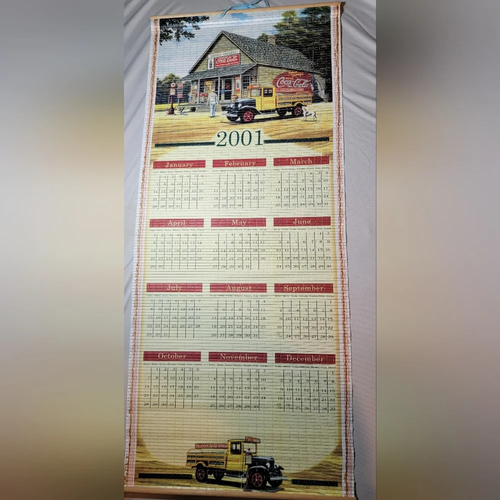Coca Cola 2001 / 2002 Double Sided Bamboo Scroll Calendar W/ Box VINTAGE